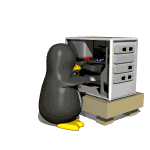 Tux throwing hardware components out of the vintage PC